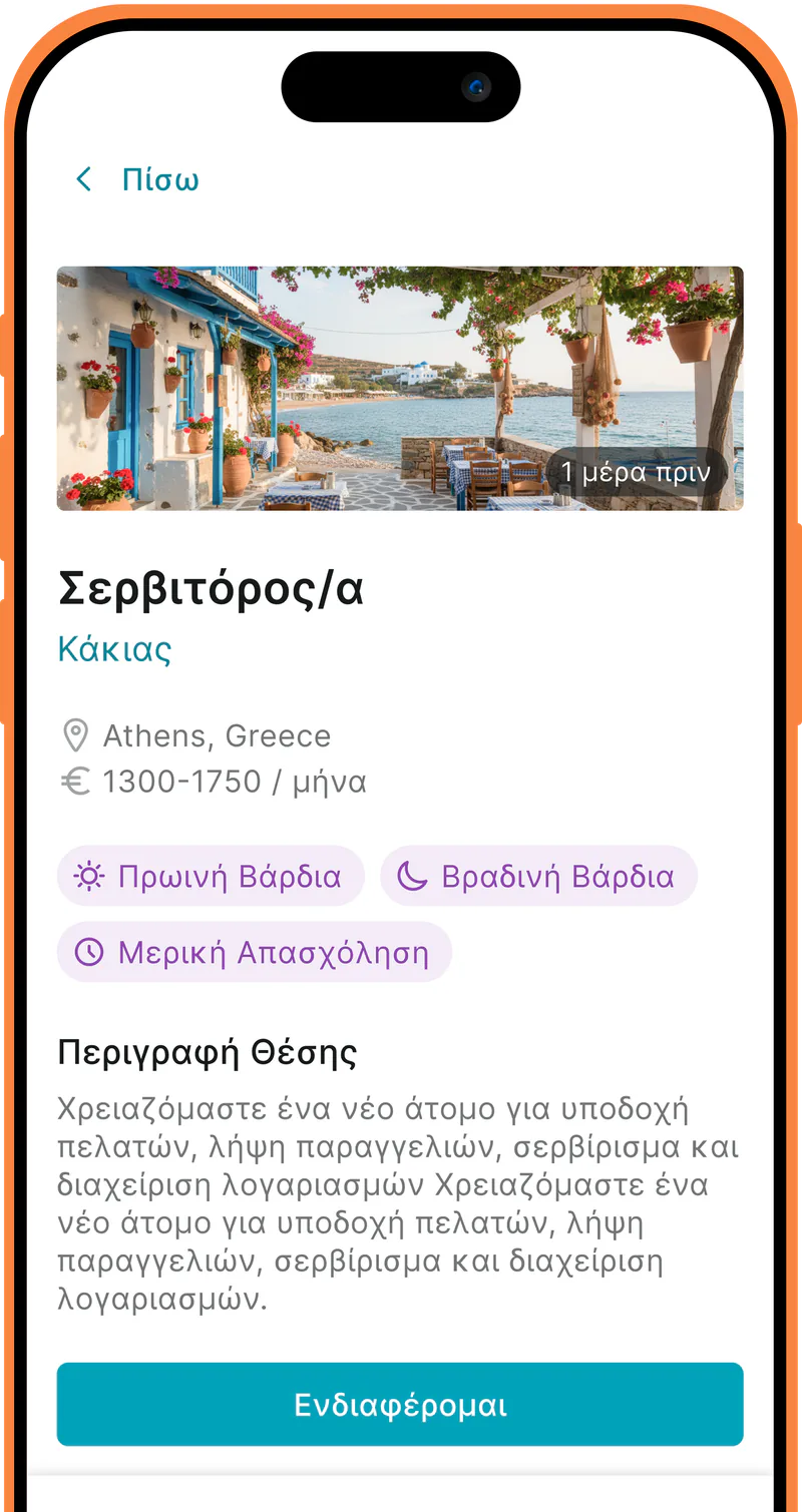 Λεπτομέρειες θέσης με μισθό, βάρδιες και περιγραφή.